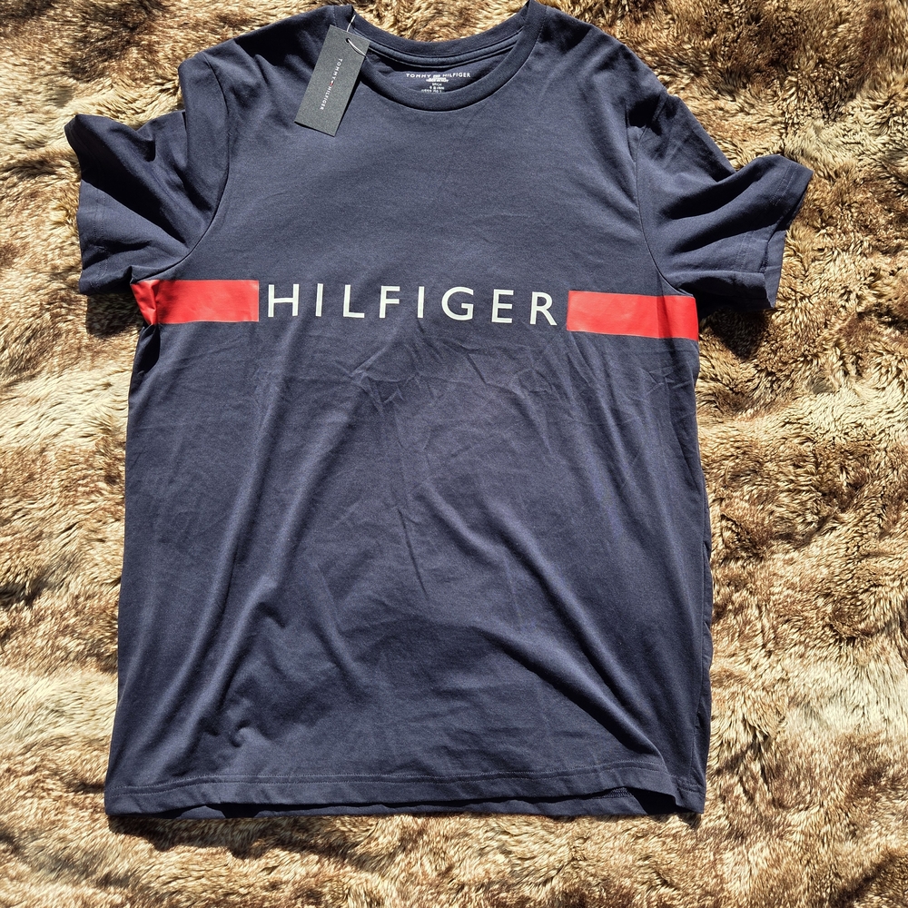 Navy Hilfiger Logo Tee • Minimalist Streetwear • Classic Red Stripe Graphic  NWT